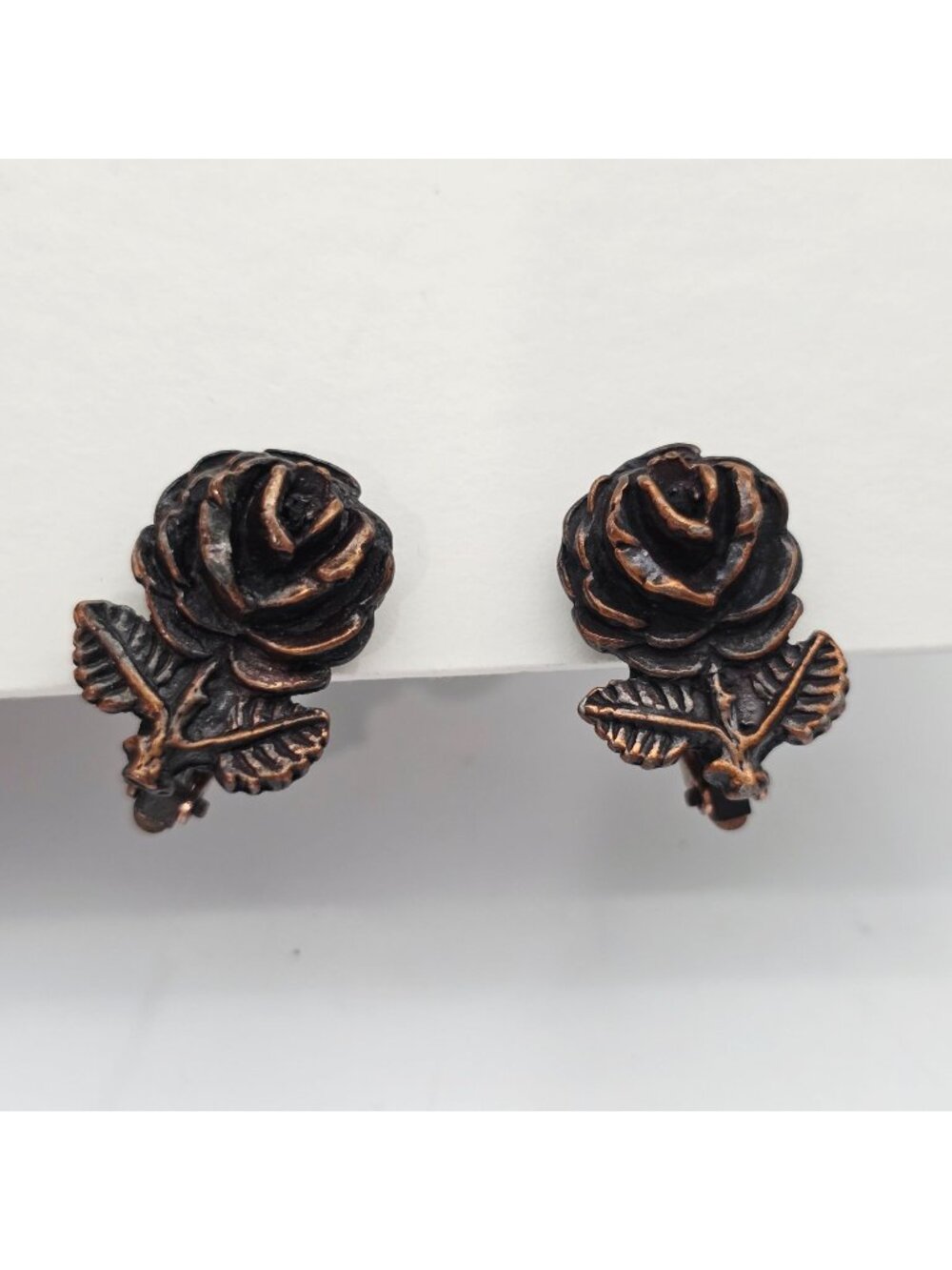 Copper Rose Clip-On Earrings Black Washed Floral Design 1"